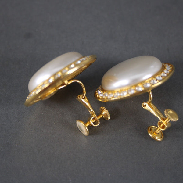 Napier Goldtone Rhinestones Faux Pearl 1.25" Screw On Clip On Earrings