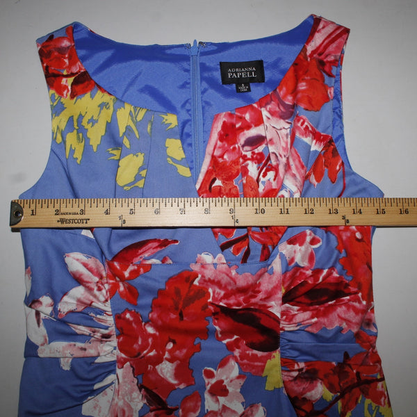 Adrianna Papell Dress Sz 8 Blue Red Multi Color Floral V Neck Cotton Spandex