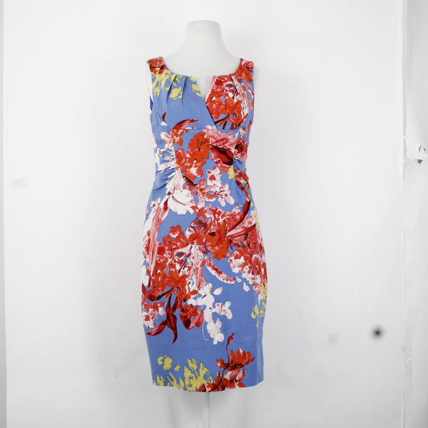 Adrianna Papell Dress Sz 8 Blue Red Multi Color Floral V Neck Cotton Spandex