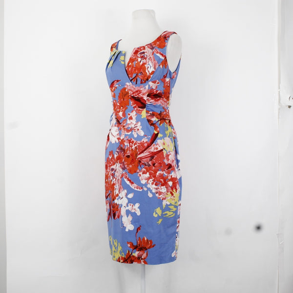 Adrianna Papell Dress Sz 8 Blue Red Multi Color Floral V Neck Cotton Spandex