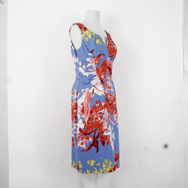 Adrianna Papell Dress Sz 8 Blue Red Multi Color Floral V Neck Cotton Spandex