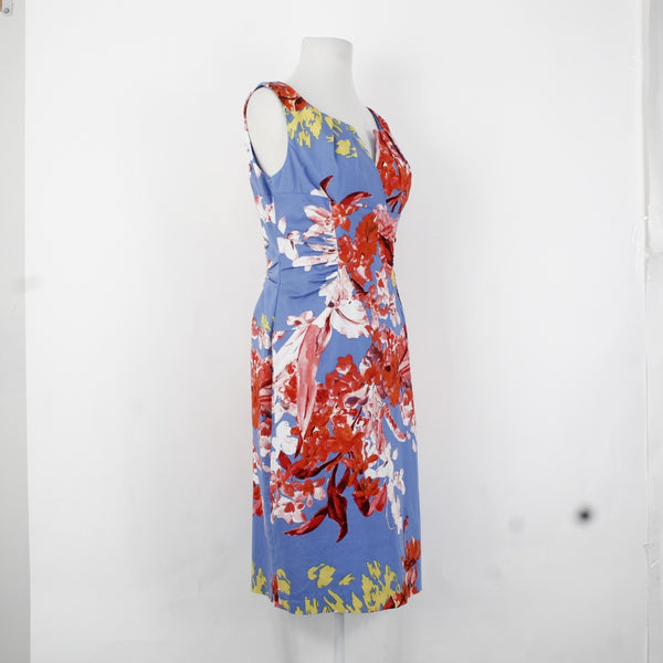 Adrianna Papell Dress Sz 8 Blue Red Multi Color Floral V Neck Cotton Spandex