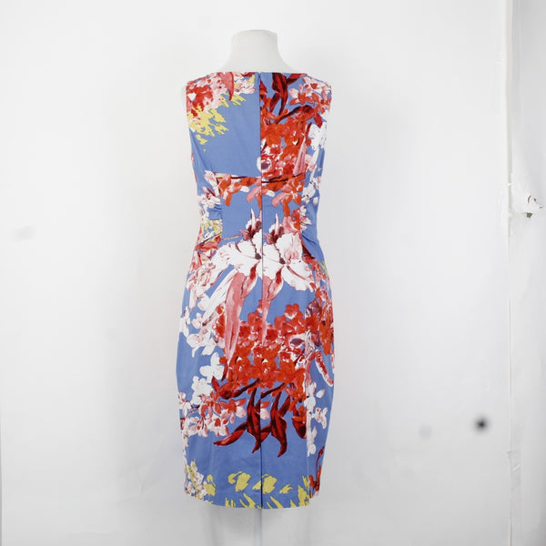 Adrianna Papell Dress Sz 8 Blue Red Multi Color Floral V Neck Cotton Spandex
