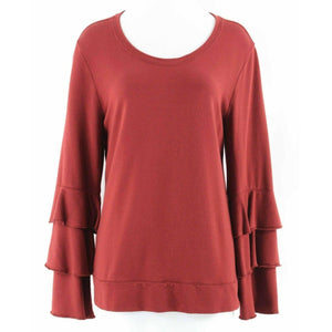 Style Co Sz M Deep Rust Red 3 Tier Ruffle Bell Sleeve Rayon Cotton Spandex Top