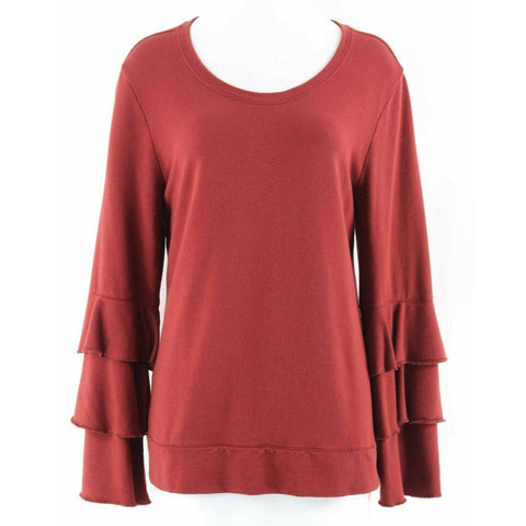 Style Co Sz M Deep Rust Red 3 Tier Ruffle Bell Sleeve Rayon Cotton Spandex Top