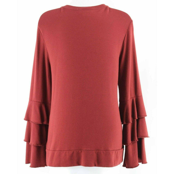 Style Co Sz M Deep Rust Red 3 Tier Ruffle Bell Sleeve Rayon Cotton Spandex Top