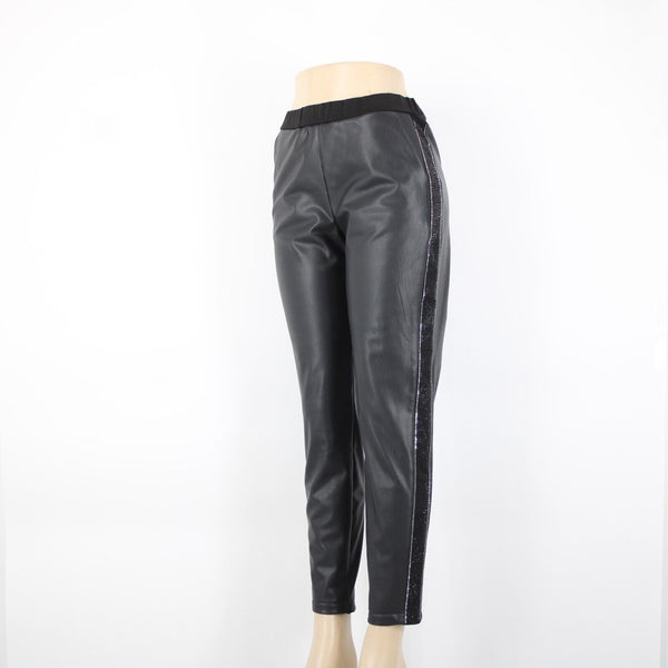 Tricotto Sz M X 29 Black Silver Rhi Faux Leather Elastic Waist Poly Cotton Pant
