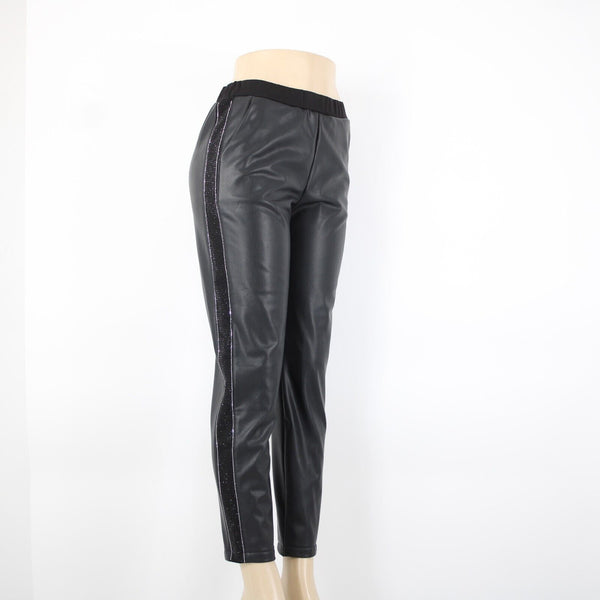 Tricotto Sz M X 29 Black Silver Rhi Faux Leather Elastic Waist Poly Cotton Pant