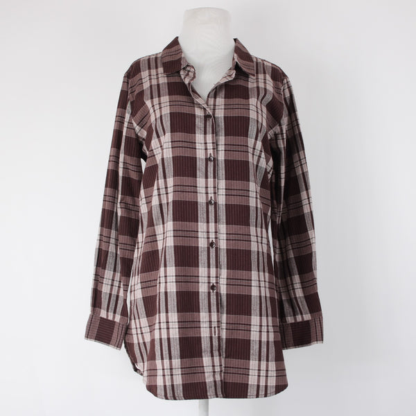 Garnet Hill Sz 10 Burgundy Red White Plaid Fine Organic Cotton Flannel Tunic Top