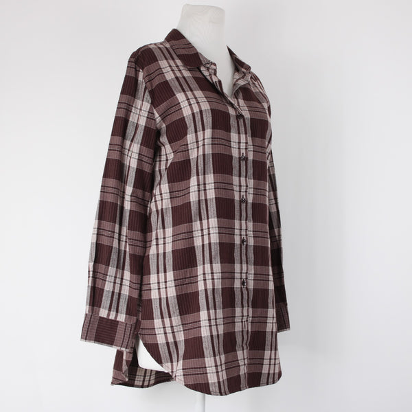 Garnet Hill Sz 10 Burgundy Red White Plaid Fine Organic Cotton Flannel Tunic Top