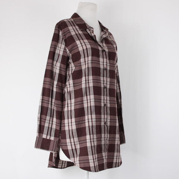 Garnet Hill Sz 10 Burgundy Red White Plaid Fine Organic Cotton Flannel Tunic Top