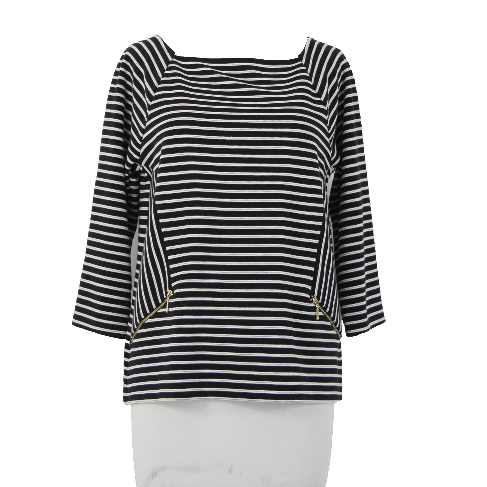 Chicos Top Sz 0 Black White Striped Zipper Detail Polyester Rayon Top
