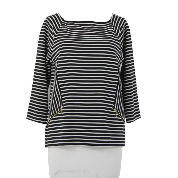 Chicos Top Sz 0 Black White Striped Zipper Detail Polyester Rayon Top