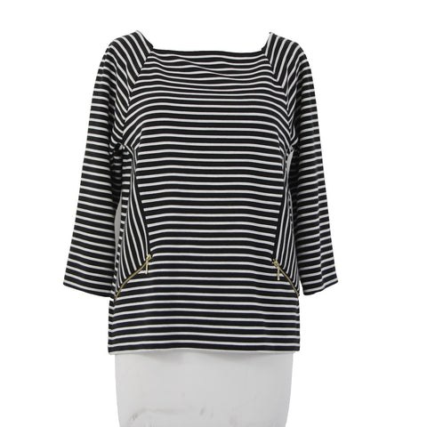 Chicos Top Sz 0 Black White Striped Zipper Detail Polyester Rayon Top