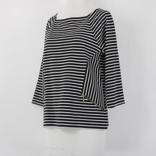 Chicos Top Sz 0 Black White Striped Zipper Detail Polyester Rayon Top