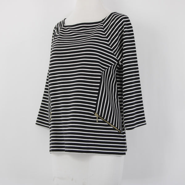 Chicos Top Sz 0 Black White Striped Zipper Detail Polyester Rayon Top