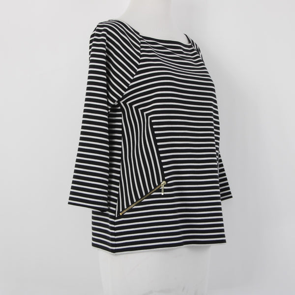 Chicos Top Sz 0 Black White Striped Zipper Detail Polyester Rayon Top