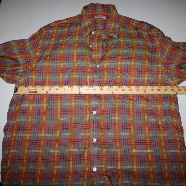 Brioni Sport Sz M Orange Green Purple Multicolor Collared 100% Linen AS IS Shirt