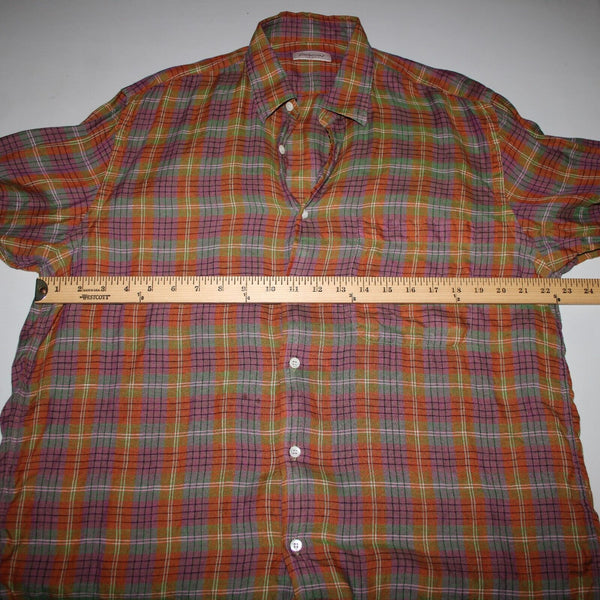 Brioni Sport Sz M Orange Green Purple Multicolor Collared 100% Linen AS IS Shirt