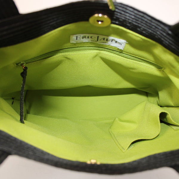 Eric Javits Squishee Tote II 10 x 11 x 4 Black Green Inner Pockets Straw Purse