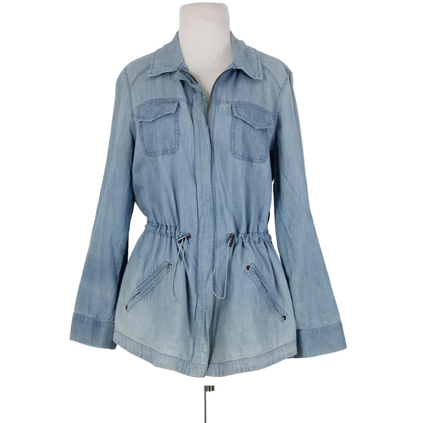 Chicos Sz 1 Lt Blue Denim Look Pockets Light Weight Zip 100% Cotton Jacket