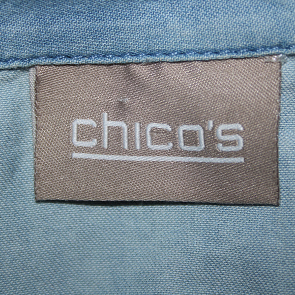 Chicos Sz 1 Lt Blue Denim Look Pockets Light Weight Zip 100% Cotton Jacket
