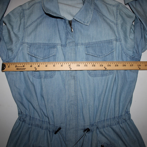 Chicos Sz 1 Lt Blue Denim Look Pockets Light Weight Zip 100% Cotton Jacket