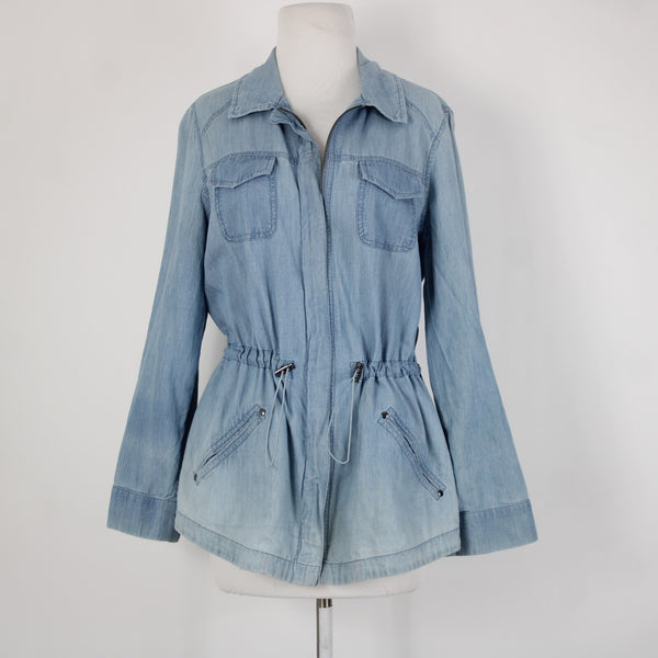 Chicos Sz 1 Lt Blue Denim Look Pockets Light Weight Zip 100% Cotton Jacket