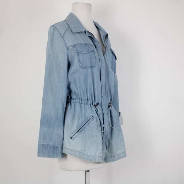 Chicos Sz 1 Lt Blue Denim Look Pockets Light Weight Zip 100% Cotton Jacket