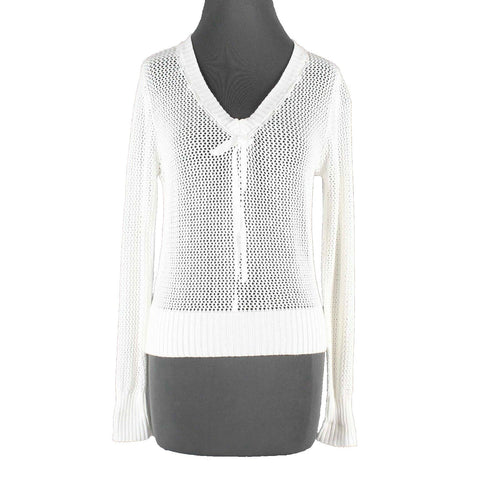 Bright & Beautiful NEW Sz M White Open Knit V Neck 100% Cotton Sweater Top