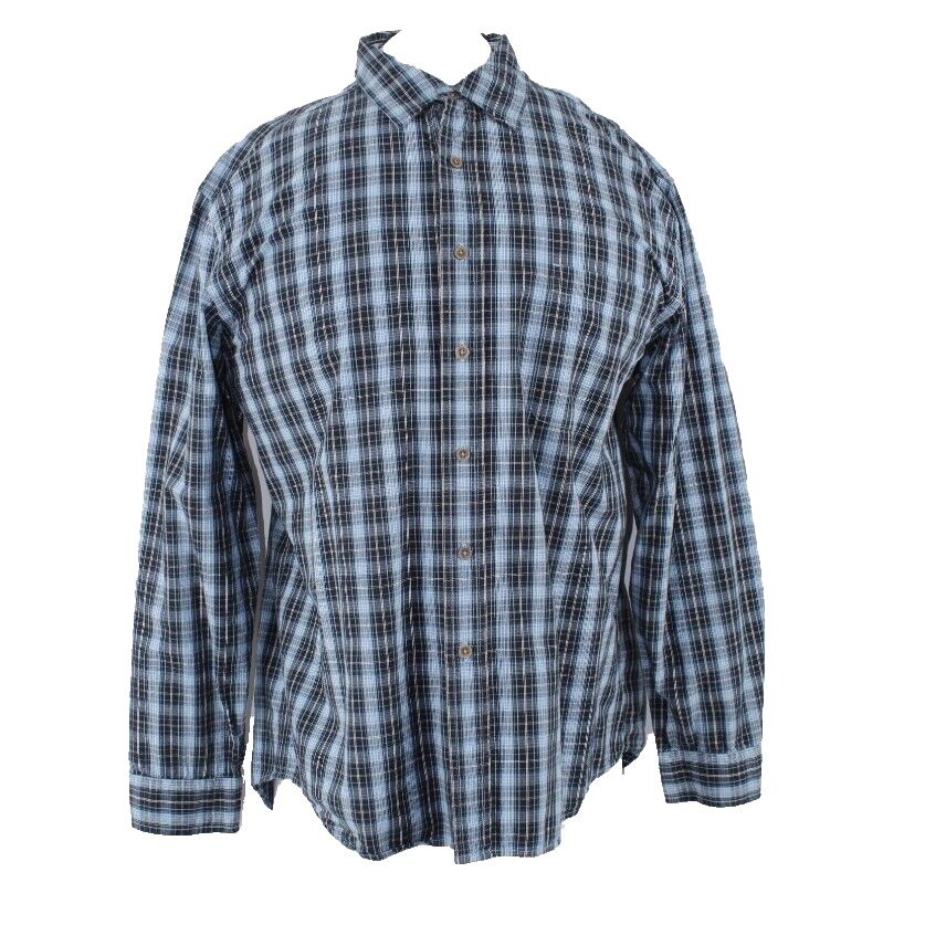 Bass Earth Sz XL Navy Blue White Gray Plaid Cotton Men's Button Front Shirt