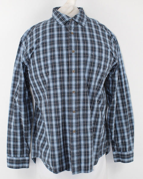 Bass Earth Sz XL Navy Blue White Gray Plaid Cotton Men's Button Front Shirt
