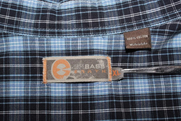 Bass Earth Sz XL Navy Blue White Gray Plaid Cotton Men's Button Front Shirt