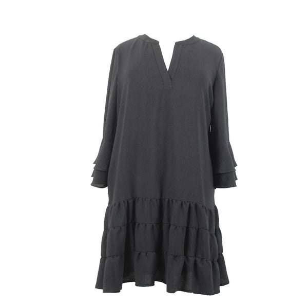 Joseph Ribkoff Dress Sz 20 Black Tiered Skirt 3/4 Sleeve Lined Poly Boho Dress