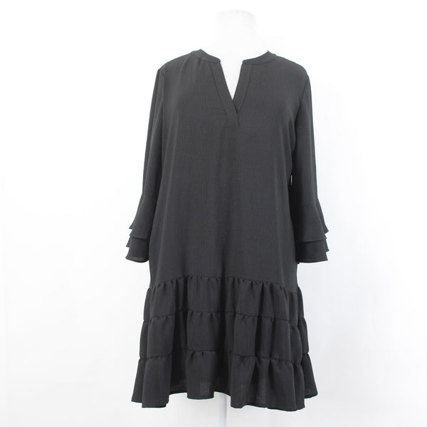 Joseph Ribkoff Dress Sz 20 Black Tiered Skirt 3/4 Sleeve Lined Poly Boho Dress