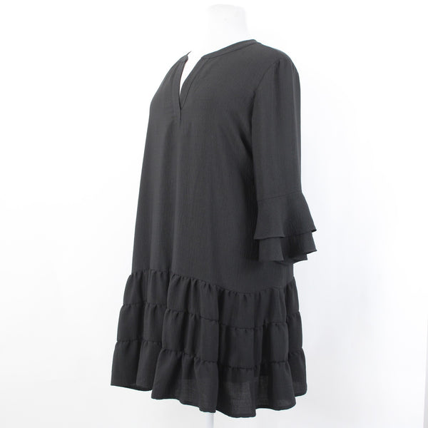 Joseph Ribkoff Dress Sz 20 Black Tiered Skirt 3/4 Sleeve Lined Poly Boho Dress