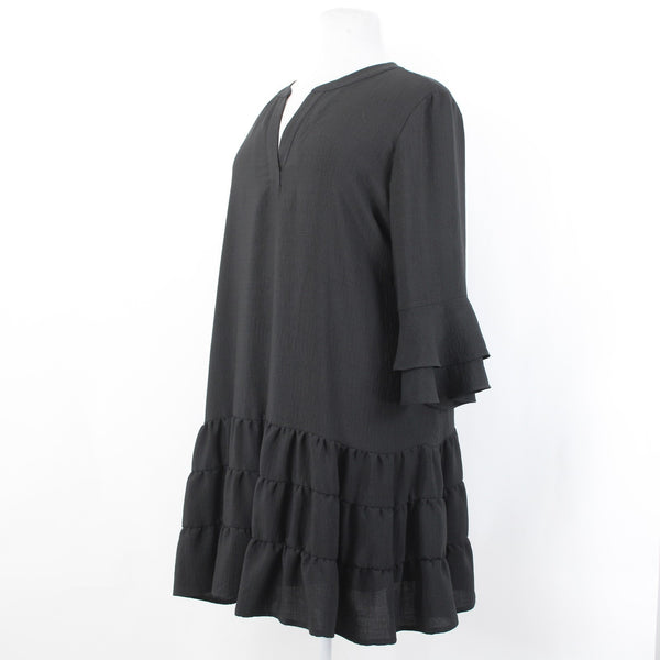 Joseph Ribkoff Dress Sz 20 Black Tiered Skirt 3/4 Sleeve Lined Poly Boho Dress