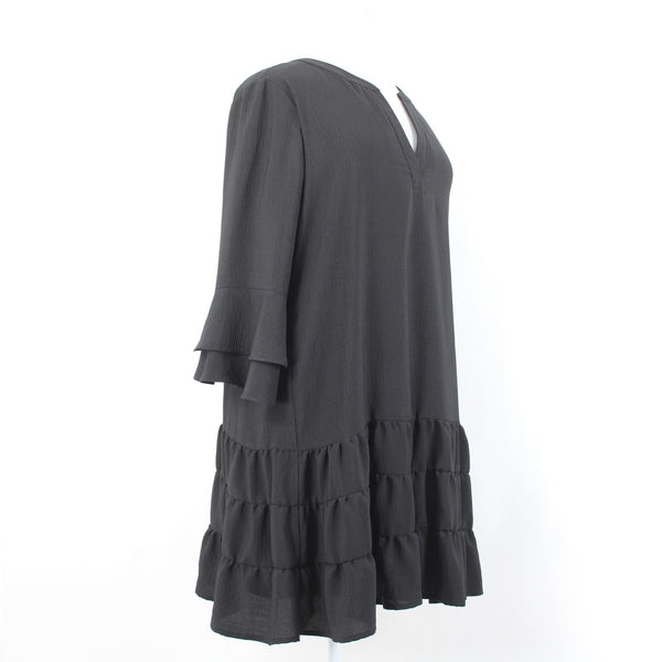 Joseph Ribkoff Dress Sz 20 Black Tiered Skirt 3/4 Sleeve Lined Poly Boho Dress