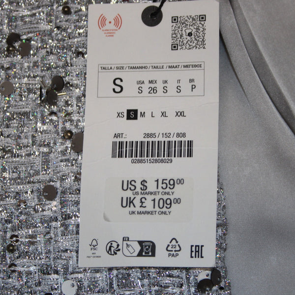 Zara Blazer Jacket NEW $159 Sz S Silver Metallic Sequin 100% Polyester Jacket