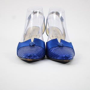 St John Sz 8 B Navy Blue Gold Paillette Pointed Toe Fabric Label 3" Heel