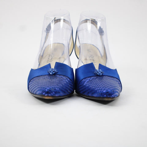 St John Sz 8 B Navy Blue Gold Paillette Pointed Toe Fabric Label 3" Heel