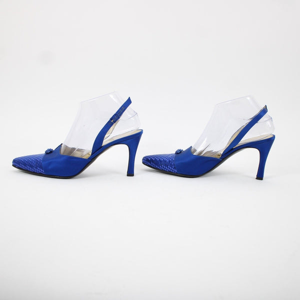 St John Sz 8 B Navy Blue Gold Paillette Pointed Toe Fabric Label 3" Heel