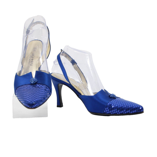 St John Sz 8 B Navy Blue Gold Paillette Pointed Toe Fabric Label 3" Heel