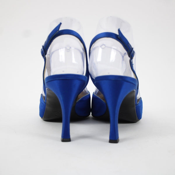St John Sz 8 B Navy Blue Gold Paillette Pointed Toe Fabric Label 3" Heel