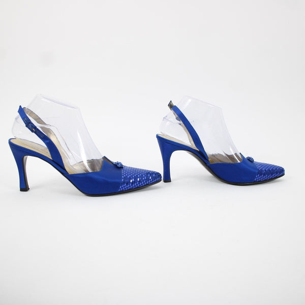 St John Sz 8 B Navy Blue Gold Paillette Pointed Toe Fabric Label 3" Heel