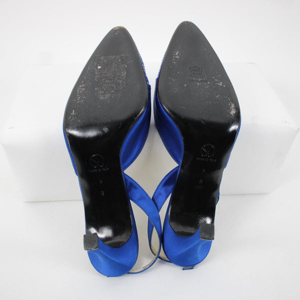 St John Sz 8 B Navy Blue Gold Paillette Pointed Toe Fabric Label 3" Heel