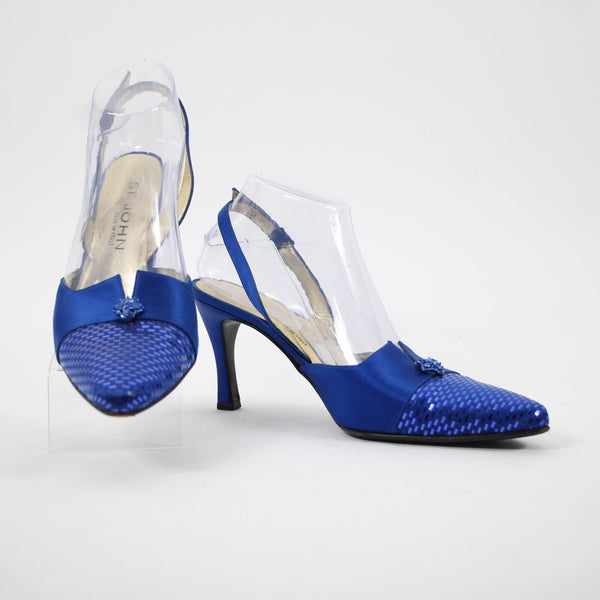 St John Sz 8 B Navy Blue Gold Paillette Pointed Toe Fabric Label 3" Heel