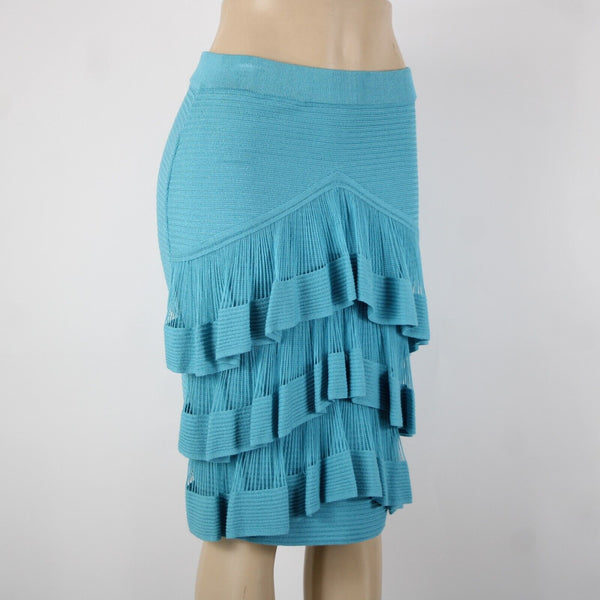 Prima Collections Sz S Aqua Blue Tiered Front Gypsy Knit Elastic Waist Skirt