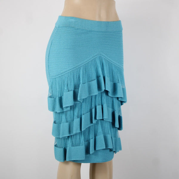 Prima Collections Sz S Aqua Blue Tiered Front Gypsy Knit Elastic Waist Skirt