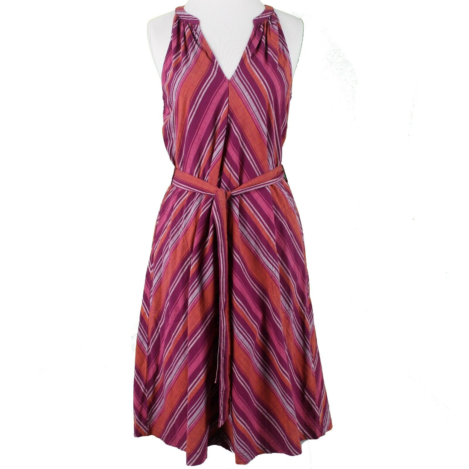 A New Day NEW $25 Sz XS Purple Orange Multi Stripe 2Pc Belt Woven Cotton Dress